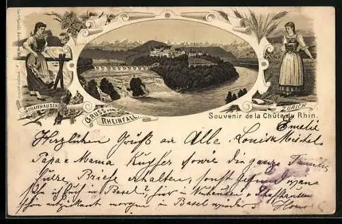 Lithographie Rheinfall, Blick auf den Wasserfall mit Brücke