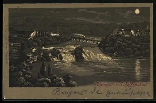 Mondschein-Lithographie Rheinfall, Panorama bei Nacht