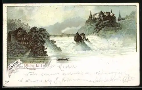 Lithographie Schaffhausen, Partie am Rheinfall, Eisenbahn
