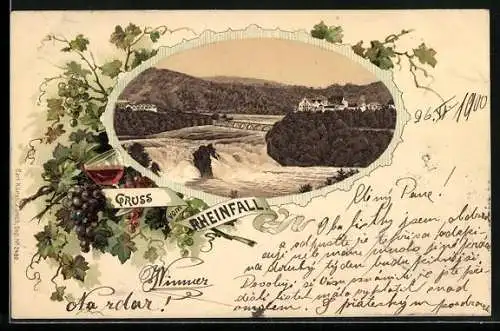 Lithographie Schaffhausen, Rheinfall mit Brücke im Rahmen, Reben mit Weinglas