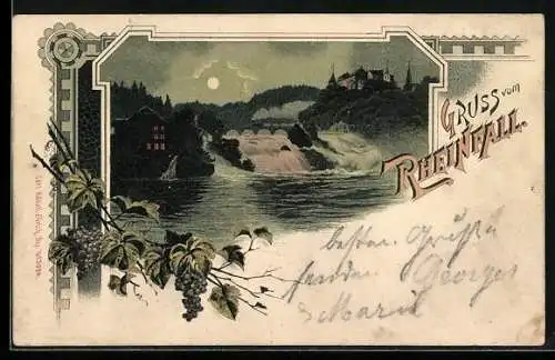 Mondschein-Lithographie Rheinfall, Wasserfall bei Nacht im Vollmondlicht