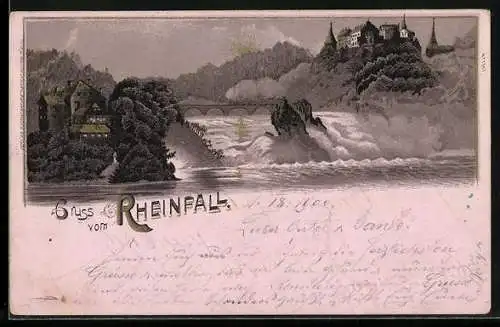 Lithographie Schaffhausen, Panorama mit Rheinfall und Schloss Laufen