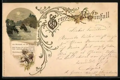 Lithographie Rheinfall, Wasserfall bei Vollmond, Gedicht