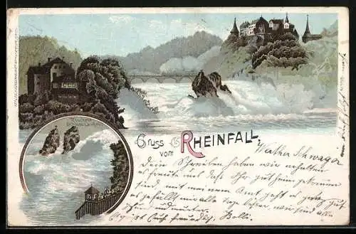 Lithographie Rheinfall, Wasserfall mit Schloss, Fischetz Schloss Laufen