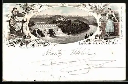 Lithographie Rheinfall, Panorama mit Frauen in Trachten