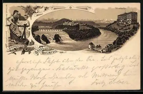 Lithographie Schaffhausen, Blick auf Rheinfall und Hotel Schweizerhof