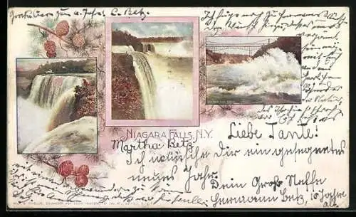 Lithographie Niagara Falls, NY, Niagarafälle mit Brücke, Tannenzweige