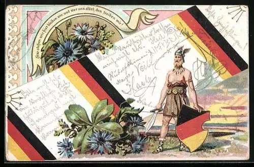 Lithographie Germanischer Krieger mit geflügeltem Helm, Schwert und Schild, Deutsche Fahne