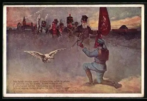 Künstler-AK Polnischer Soldat in Uniform mit Fahne, Ida Polski dzielne syny, z zmierzchu wiekow plyna...
