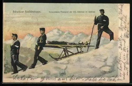 AK Schweizer Sanitätstruppe in Uniformen, Verwundeten-Transport mit Ord. Schlitten im Gebirge