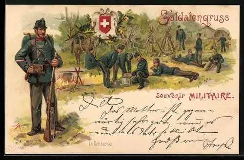 Lithographie Schweizer Soldaten in Uniformen im Lager, Soldatengruss