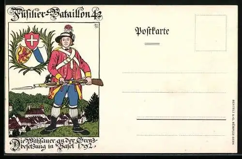 Lithographie Basel, Schweizer Soldat des Füsilier-Bataillon 42 bei der Grenzbesetzung von Basel 1792