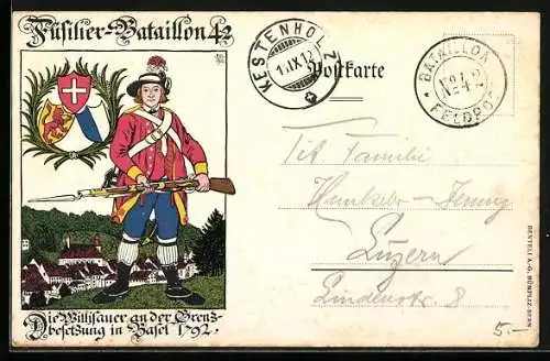 Lithographie Basel, Schweizer Soldat des Füsilier-Bataillons 42 bei der Grenzbesetzung von 1792