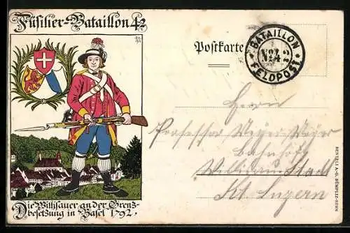 Lithographie Basel, Soldat des Füsilier-Bataillon 42 bei der Grenzbesetzung von Basel 1792