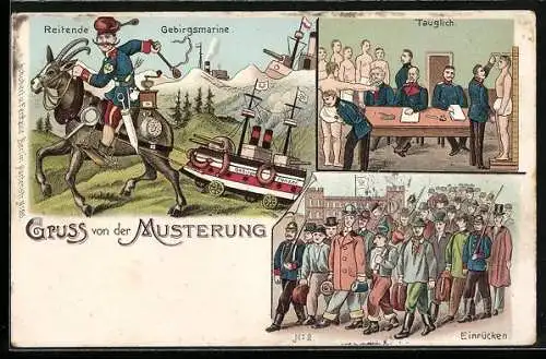 Lithographie Gruss von der Musterung, Reitende Gebirgsmarine mit Kaffeemühle
