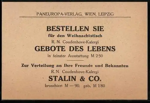 AK Paneuropa-Verlag Wien und Leipzig, R. N. Coudenhove-Kalergi, Gebote des Lebens