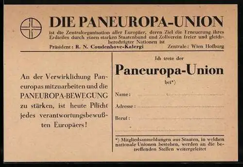 AK Paneuropa-Union, Präsident R. N. Coudenhove-Kalergi, Ich trete der Paneuropa-Union bei