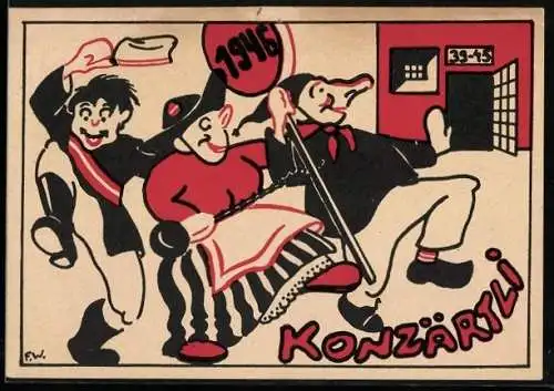 Künstler-AK Basel, Studenten mit Schild 1946, Konzärtli