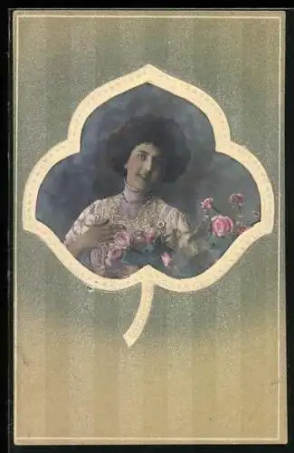 Foto-Collage-AK Porträt einer Frau mit Blumen im Passepartout