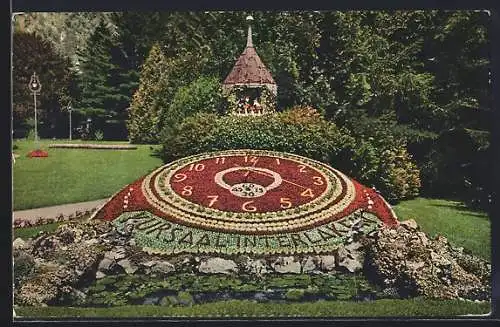 AK Interlaken, Blumenuhr im Kursaal, mit Turm