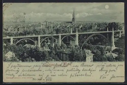 Mondschein-AK Bern, Stadtansicht mit Brücke und Alpen