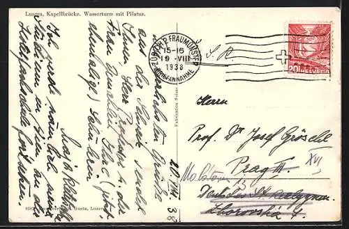 AK Luzern, Kapellbrücke mit Wasserturm, Blick auf Pilatus