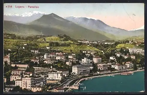 AK Lugano-Paradiso, Ortsansicht mit Uferstrasse u. Bergpanorama aus der Vogelschau