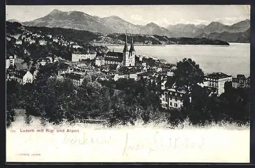 AK Luzern, Luzern mit Rigi und Alpen aus der Vogelschau
