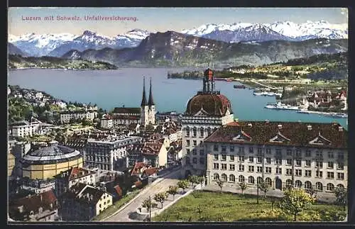 AK Luzern, Teilansicht mit Schweiz. Unfallversicherung und Alpen aus der Vogelschau