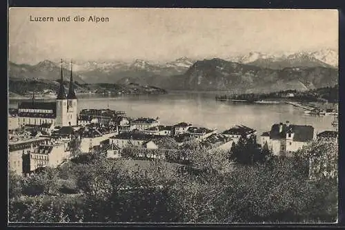 AK Luzern, Teilansicht mit Gewässer und Alpen aus der Vogelschau