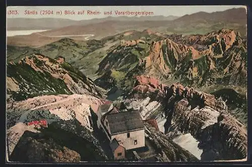 AK Säntis, Säntis mit Gebäude und Blick auf Rhein- und Vorarlbergeralpen