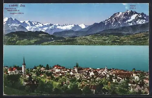 AK Zug, Totalansicht mit Gewässer, Eiger, Mönch u. Jungfrau aus der Vogelschau