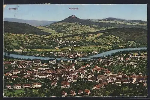 AK Zurzach, Totalansicht mit Fluss und Küssaburg aus der Vogelschau