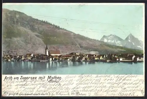 AK Arth am Zugersee, Ortspanorama mit Mythen vom Wasser aus