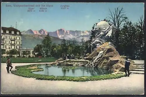 AK Bern, Weltpostdenkmmal und die Alpen mit Eiger, Mönch und Jungfrau