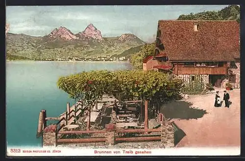 AK Brunnen, Ortsansicht mit Restaurant von Treib aus gesehen