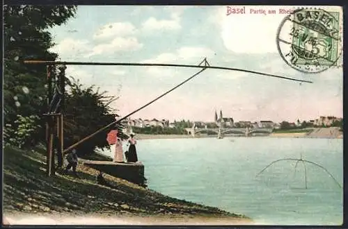 AK Basel, Rheinpartie mit zwei Frauen und Jungen
