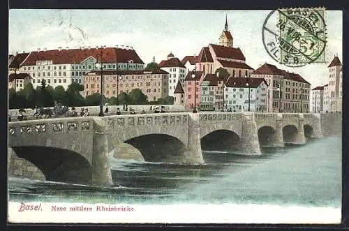 Künstler-AK Basel, Neue mittlere Rheinbrücke mit Confiserie und Strassenbahn