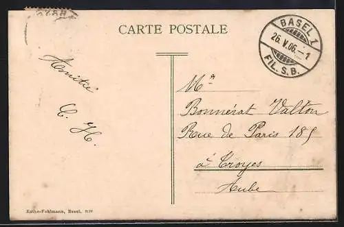 Künstler-AK Basel, Neue mittlere Rheinbrücke mit Confiserie und Strassenbahn