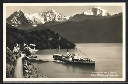 AK Beatenbucht am Thunersee, Eiger, Mönch und Jungfrau, Seitenraddampfer Beatus bei der Abfahrt