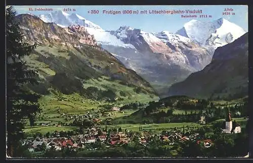 AK Frutigen, Gesamtansicht mit Lötschbergbahn-Viadukt u. Gebirgspanorama
