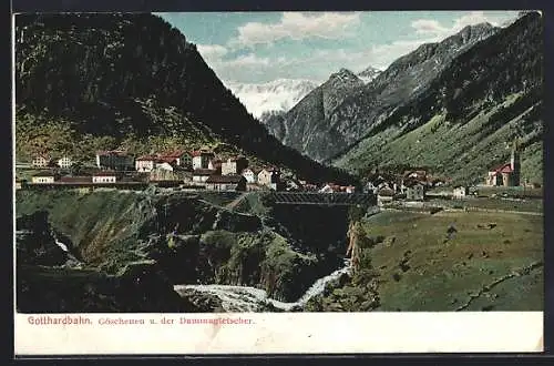 AK Göschenen /Gotthardbahn, Panorama mit Brücke und Dammagletscher