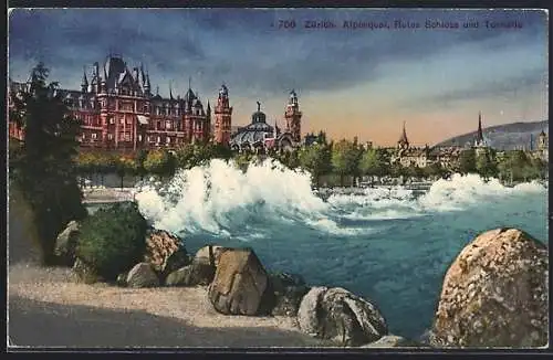 AK Zürich, Alpenquai, Rotes Schloss und Tonhalle, Wasser mit hohem Wellengang