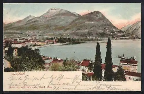 AK Lugano, Ortsansicht mit Wasserblick u. Bergpanorama aus der Vogelschau