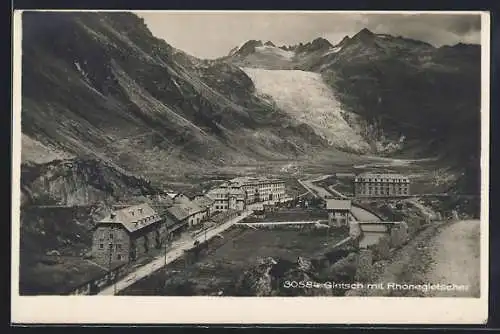 AK Gletsch, Gesamtansicht mit Strasse, Brücken u. Rhonegletscher aus der Vogelschau