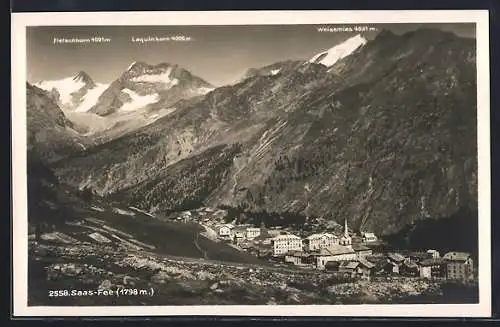 AK Saas-Fee, Gesamtansicht mit Gipfelpanorama aus der Vogelschau