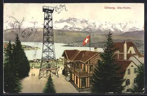 AK Uetliberg, Partie am Hotel Uto-Kulm mit Blick nach den Alpengipfeln