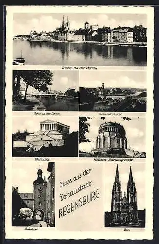 AK Regensburg, Partie an der Donau, Brückenpartie, Gesamtansicht, Walhalla