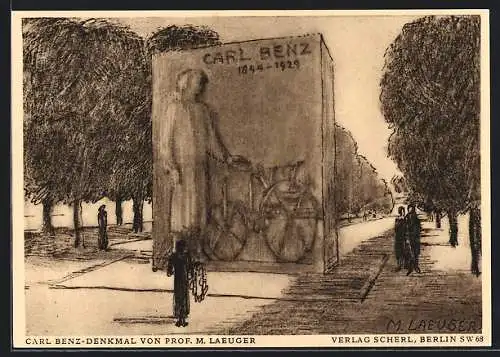 Künstler-AK Mannheim, Carl Benz-Denkmal von Prof. M. Laeuger, Ganzsache