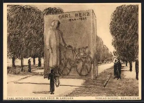 Künstler-AK Mannheim, Carl Benz-Denkmal von Prof. M. Laeuger, Ganzsache
